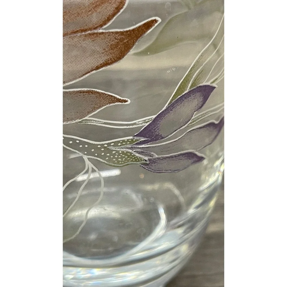 Handmade Glass Floral Vase Hand Painted Leaf Design Clear Purple Brown Excellent